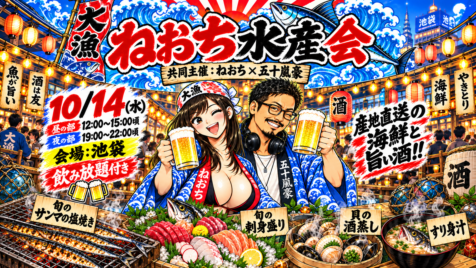 ねおち水産会|10/14池袋開催!産地直送の海鮮と旨い酒を豪快に楽しもう(あつまれわいだんの海)